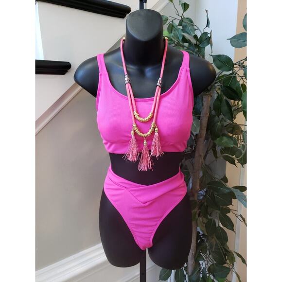 Womens 2 Piece Swimsuit Large Pink Ribbed Triangle Racerback Spaghetti Strap - Picture 2 of 6